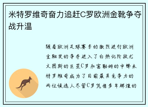 米特罗维奇奋力追赶C罗欧洲金靴争夺战升温